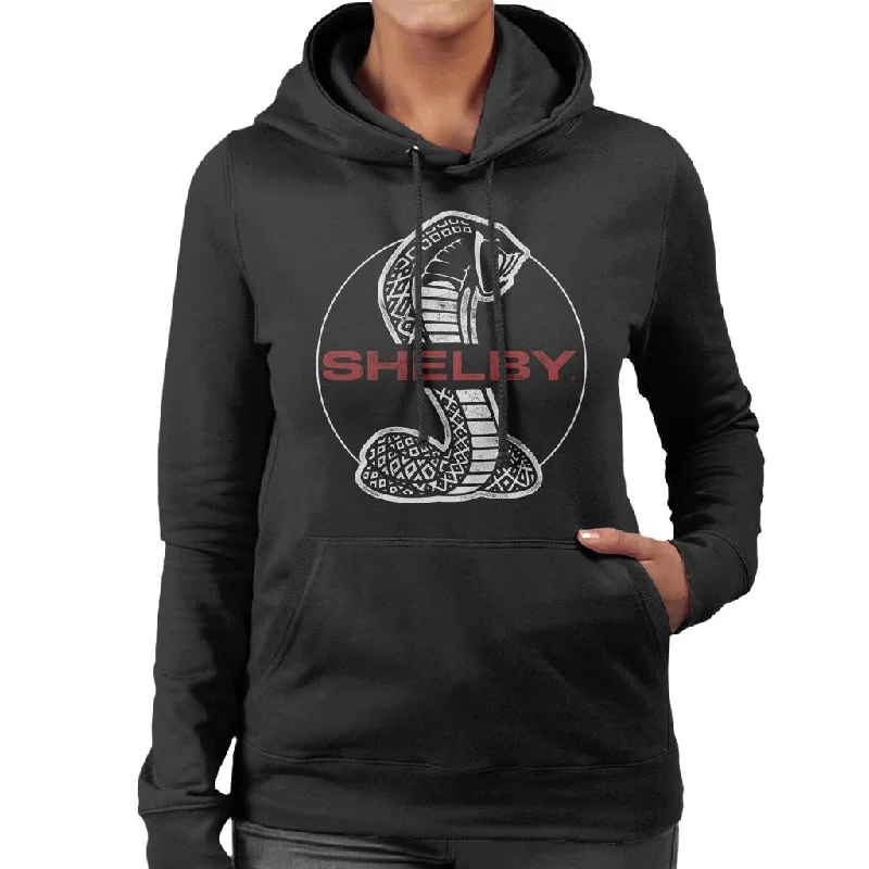 Shelby Red Text Cobra Logo Women's Hooded Sweatshirt Hoodie with Hem Applique Textured Unique