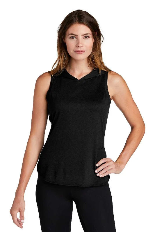 Sport-Tek LST410 Ladies PosiCharge Tri-Blend Wicking Draft Hoodie Tank - Black Black Triad Solid Hoodie with Hem Elastic Stretchable Comfortable