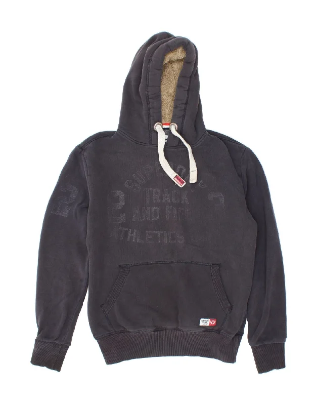 SUPERDRY Mens Graphic Hoodie Jumper Small Navy Blue Cotton Hoodie with Side Slits Relaxed Casual