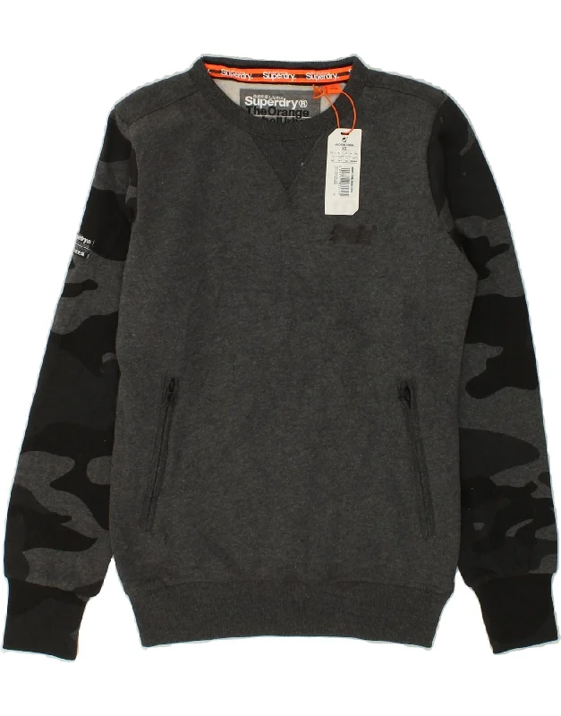 SUPERDRY Mens Sweatshirt Jumper XS Grey Camouflage Cotton Hoodie with Slit Hem Functional Movement