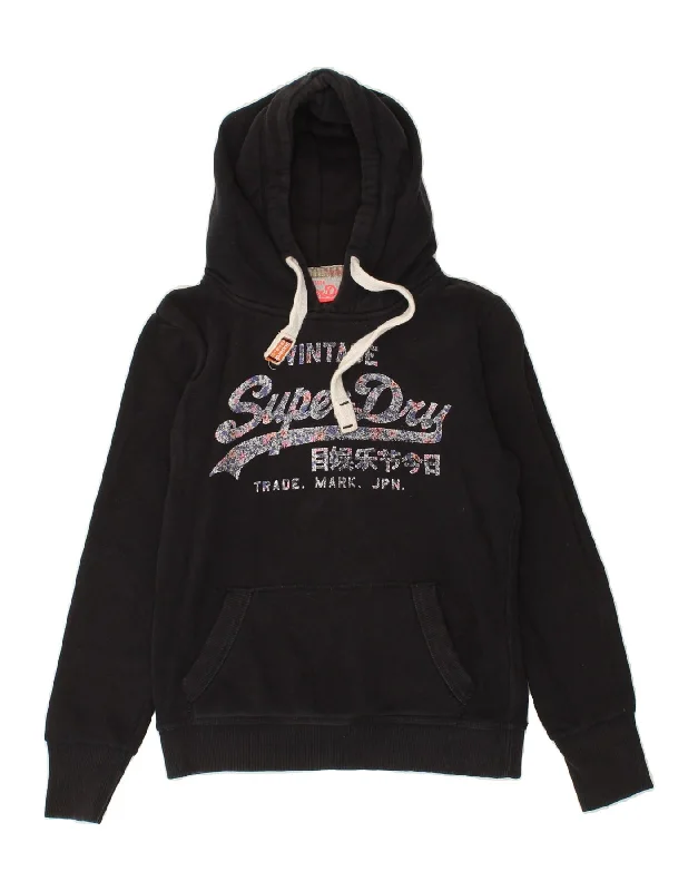 SUPERDRY Womens Graphic Hoodie Jumper UK 10 Small Black Cotton Hoodie with Hem Embroidery Detailed Premium