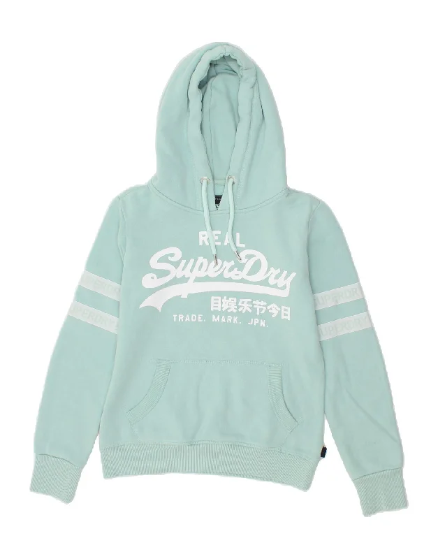 SUPERDRY Womens Graphic Hoodie Jumper UK 10 Small Turquoise Cotton Hoodie Sweatshirt Pullover