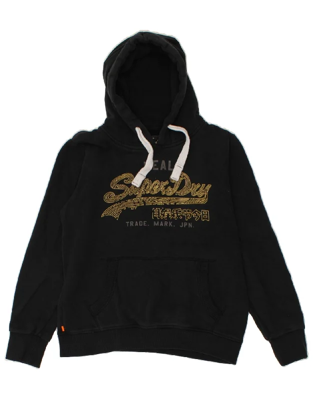 SUPERDRY Womens Graphic Hoodie Jumper UK 14 Large Black Cotton Hoodie with Snap Buttons Easy Quick