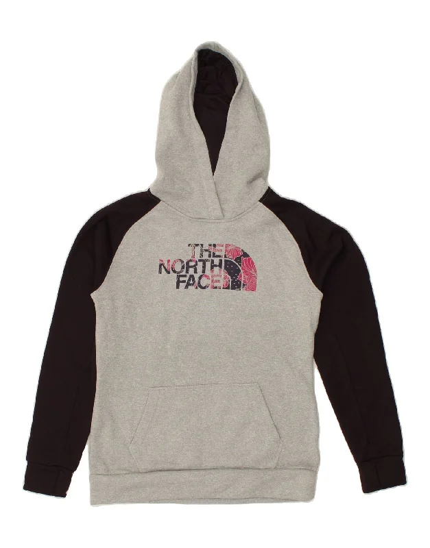 THE NORTH FACE Womens Graphic Hoodie Jumper UK 14 Medium Grey Colourblock Hoodie with Stripes Bold Sporty