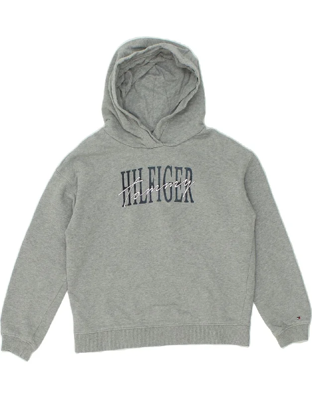 TOMMY HILFIGER Boys Graphic Hoodie Jumper 11-12 Years Grey Cotton Hoodie with Bell Sleeves Flared Feminine