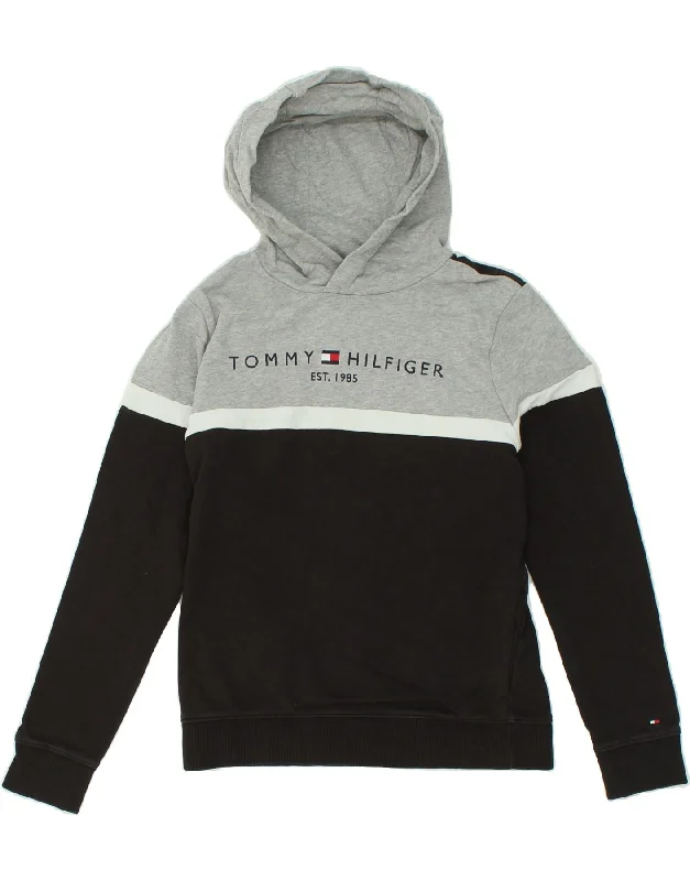 TOMMY HILFIGER Girls Graphic Hoodie Jumper 13-14 Years Black Colourblock Hoodie with Contrast Stitching Detailed Premium