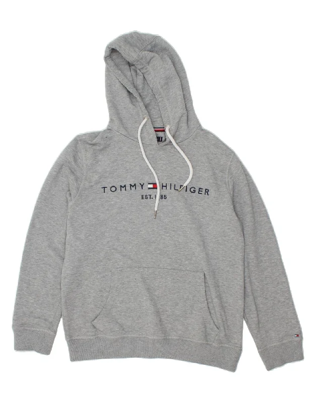 TOMMY HILFIGER Mens Graphic Hoodie Jumper Large Grey Cotton Hoodie with Slit Hem Functional Movement