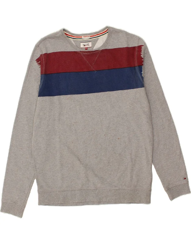 TOMMY HILFIGER Mens Sweatshirt Jumper XL Grey Colourblock Cotton Hoodie with Patch Decorative Personalized