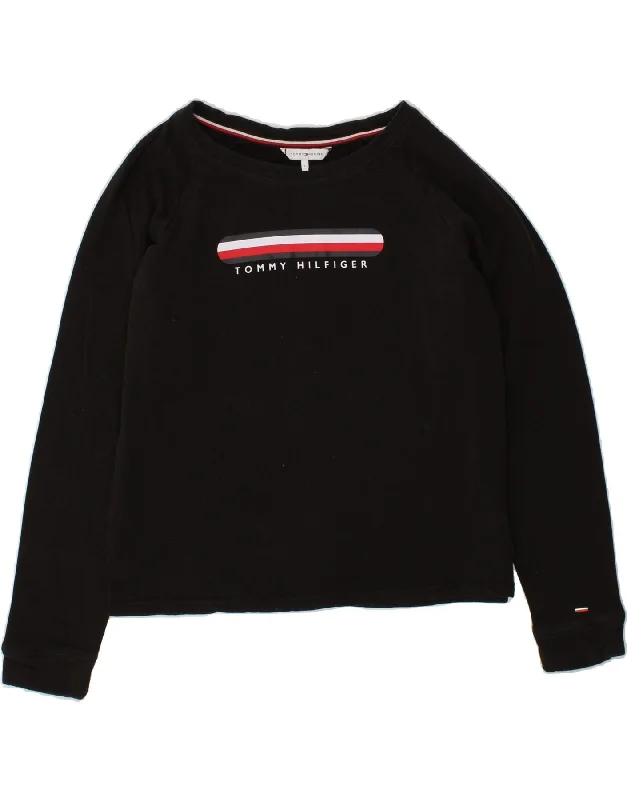 TOMMY HILFIGER Womens Graphic Sweatshirt Jumper UK 16 Large Black Cotton Hoodie with Relaxed Fit Easy Casual