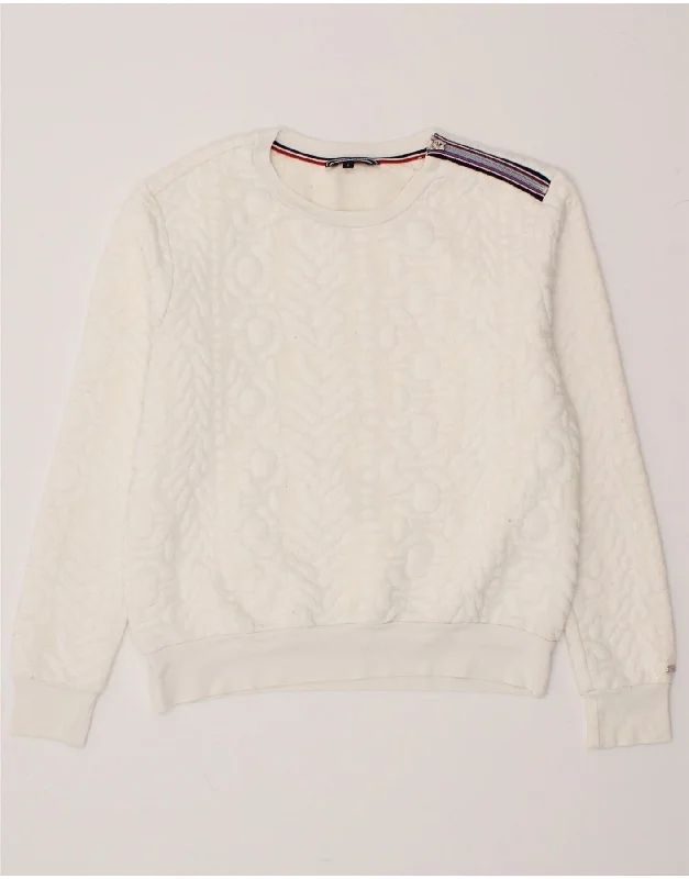 TOMMY HILFIGER Womens Loose Fit Sweatshirt Jumper UK 10 Small Off White Hoodie with Hem Contrast Bold Stylish