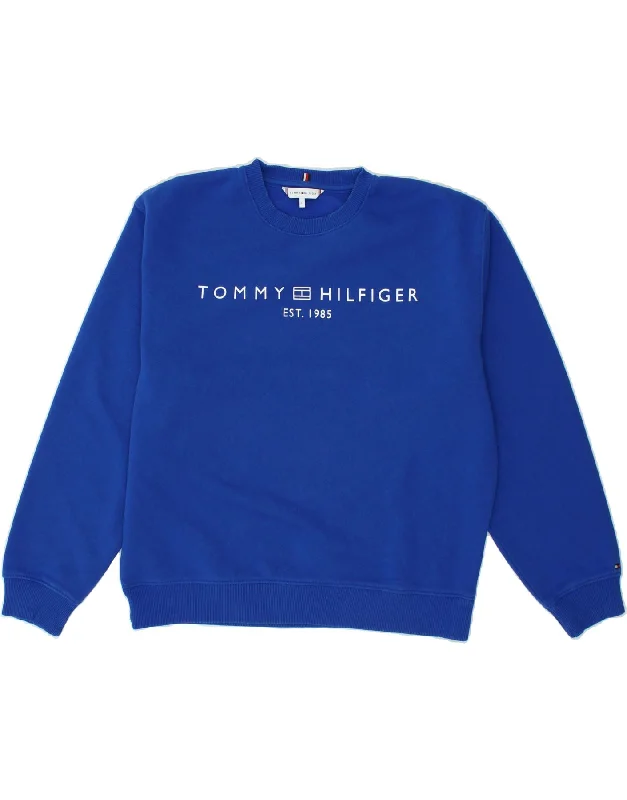 TOMMY HILFIGER Womens Oversized Graphic Sweatshirt Jumper UK 16 Large Blue Hooded Sweatshirt Casual Wear Street Style
