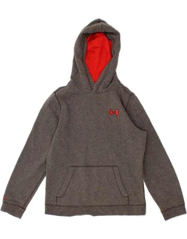 UNDER ARMOUR Boys Hoodie Jumper 9-10 Years Medium Grey Cotton Hoodie with Metallic Shiny Futuristic
