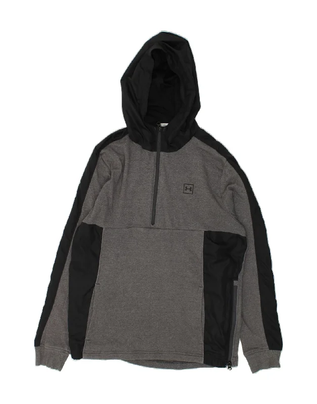 UNDER ARMOUR Mens Zip Neck Hoodie Jumper Large Grey Colourblock Polyester Hoodie with Contrast Stitching Detailed Premium