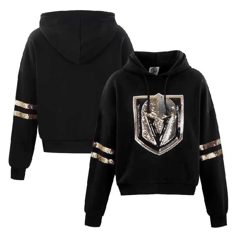 Vegas Golden Knights Women's Sequin Logo Cropped Hoodie - Black Hoodie with Double Zipper Versatile Adjustable