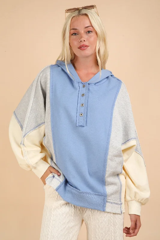 VERY J Exposed Seam Color Block Half Button Hoodie Hoodie with Zipper Versatile Modern VERY J Exposed Seam Color Block Half Button Hoodie Hoodie with Zipper Versatile Modern