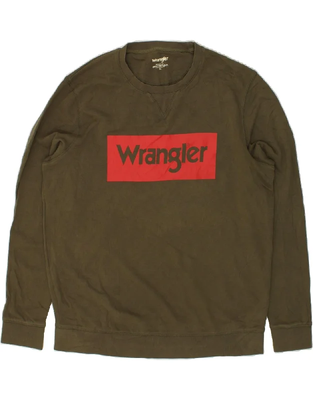 WRANGLER Mens Graphic Sweatshirt Jumper XL Khaki Cotton Hoodie with Fur Luxurious Winter