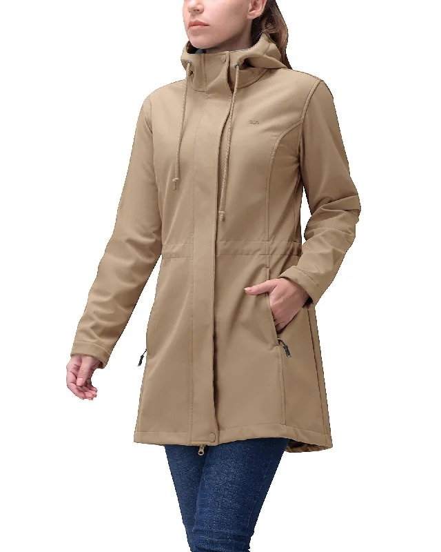 Women's Softshell Long Jacket with Hood Fleece Lined: 8000mm W/P index 1000 Level Breathable Front Pockets Side Pockets Patch Pockets