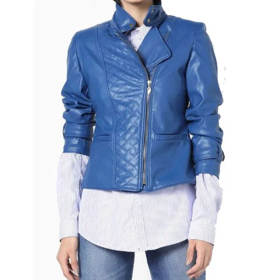 Assymetrical Zipper Motorbike Blue Leather Jacket Rayon Fabric Velvet Fabric Corduroy Fabric