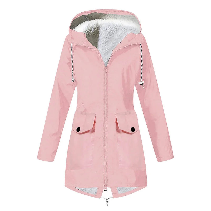 Autumn and winter new women's plus velvet jacket outdoor mountaineering clothes hooded jacket waterproof coat Tailored Jacket Straight Jacket A-Line Jacket