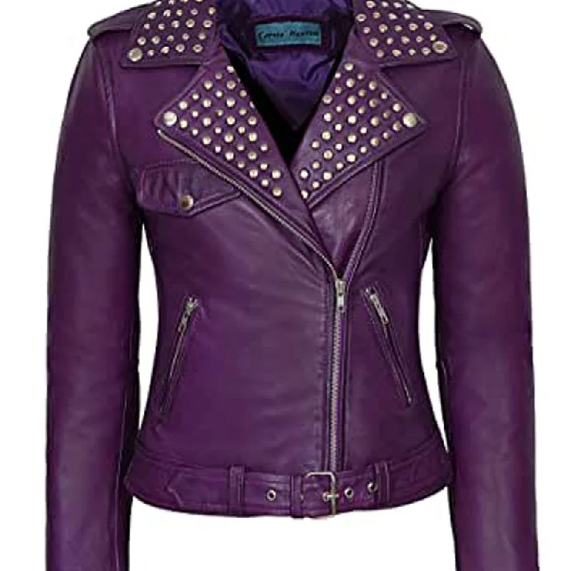 Women's Vintage Biker Designer Studded Waxed Purple Brando Leather Jacket Cotton Fabric Linen Fabric Terry Fabric