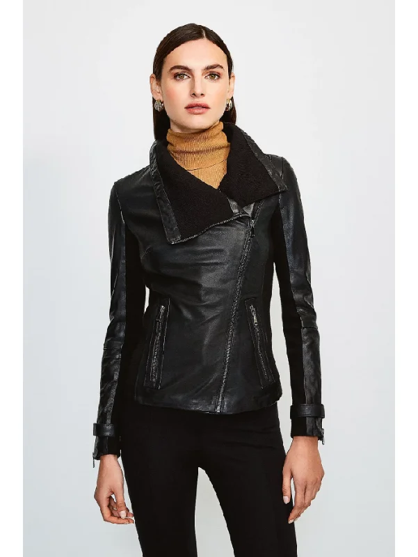 Women’s Black Leather Biker Jacket Notch Collar Peter Pan Collar Cowl Neck