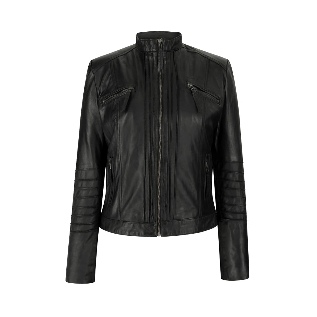 Women's Biker Jacket Leather Zipped Fit Nehru Collar Print Jacket Jacquard Jacket Embroidered Jacket