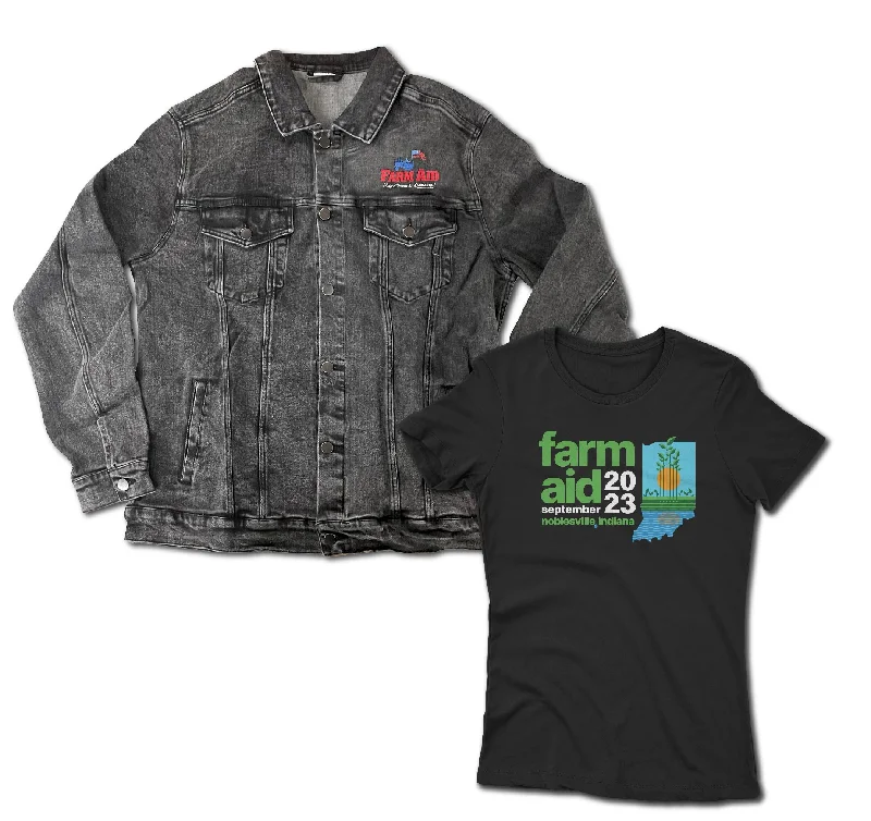 Farm Aid 2023 Festival Logo Women's Tee & Farm Aid Organic Denim Jacket Bundle Front Pockets Side Pockets Patch Pockets