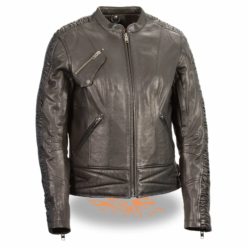 Ladies Crinkled Arm Leather Jacket Notch Collar Jacket Peter Pan Collar Jacket Cowl Neck Jacket