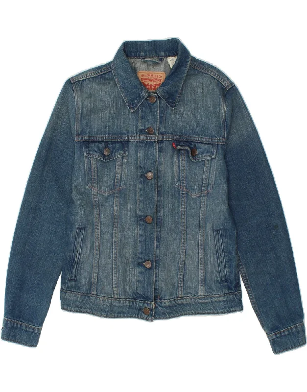 LEVI'S Womens Denim Jacket UK 12 Medium Blue Cotton A-Line Jacket Boat Neck Shawl Collar