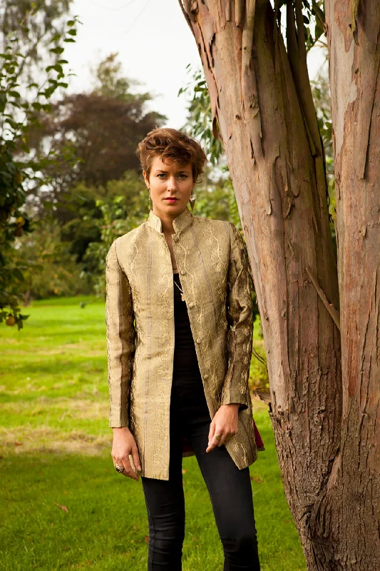 Long Nehru Jacket in Antique Gold Stand-Up Collar Roll-Neck Collar Turtle Neck