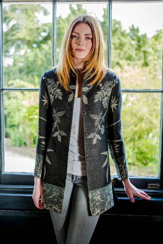 Long Nehru Jacket in Ebony Print Jacket Jacquard Jacket Embroidered Jacket