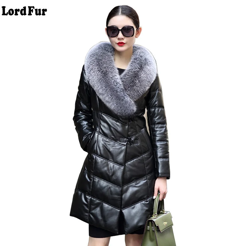 Luxury Genuine Sheepskin Leather Suede Down Parkas Coat Jacket Fox Fur Collar Winter Women Slim Trench Coat Raincoat Waterproof Jacket