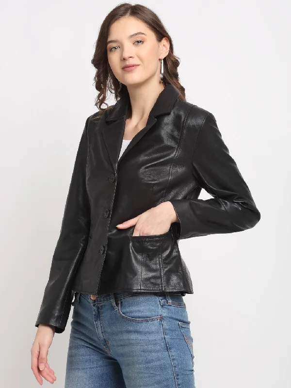 Teakwood Genuine Leathers Women`s Black Jacket Front Pockets Side Pockets Patch Pockets