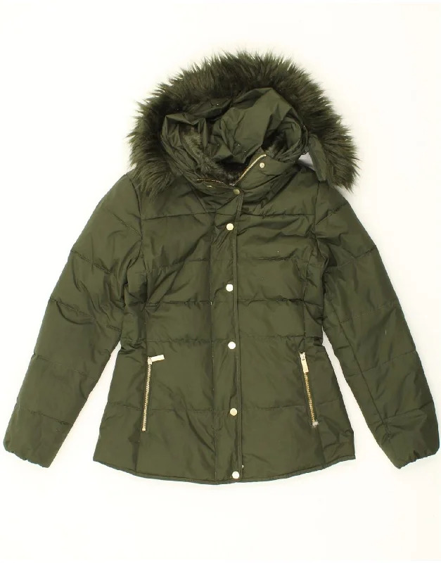 VINTAGE Womens Hooded Padded Jacket UK 12 Medium Green Polyester V-Neck Jacket Boat Neck Jacket Square Neck Jacket