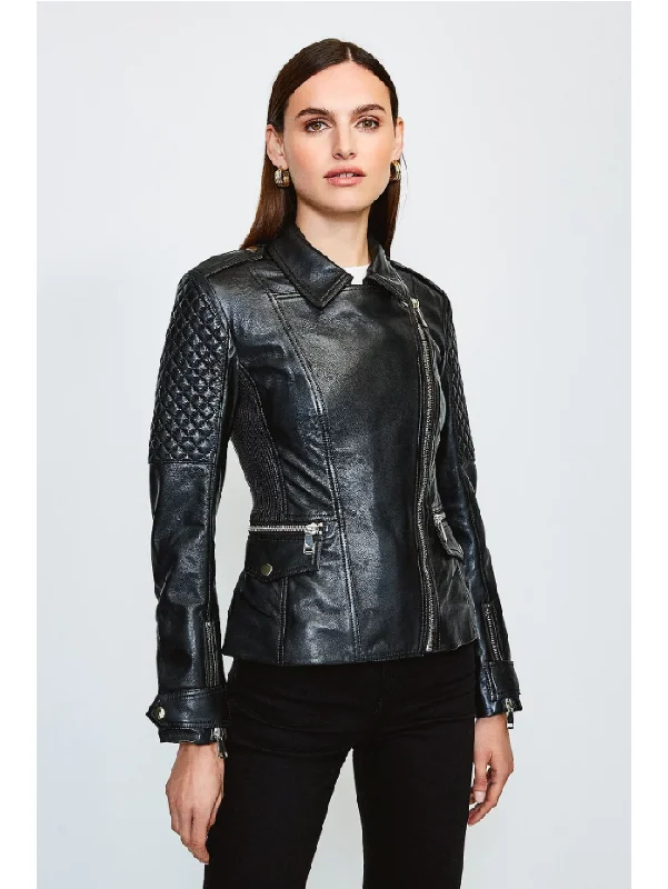 Women’s Black Leather Biker Jacket Appliqued Jacket Beaded Jacket Sequined Jacket