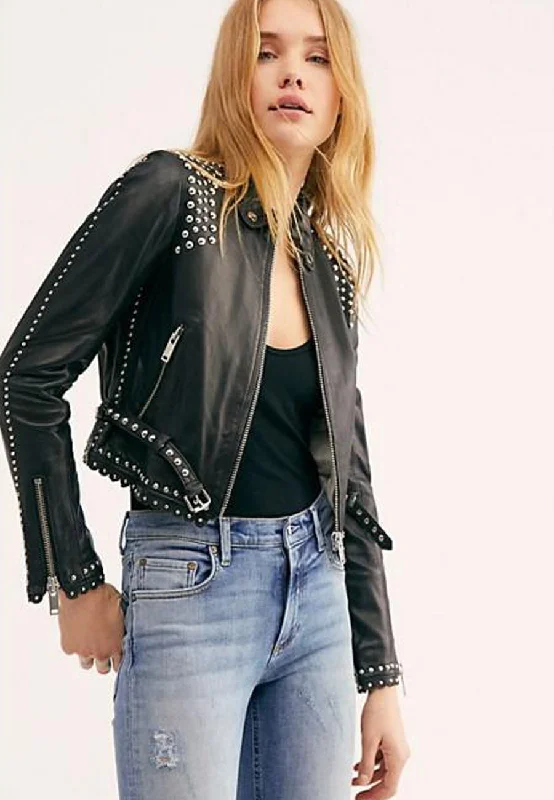 Women’s Black Leather Biker Punk Jacket Print Jacket Jacquard Jacket Patchwork Jacket