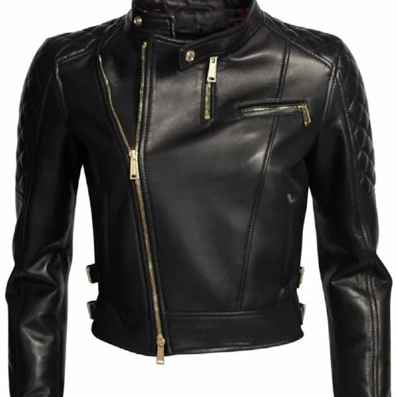 Womens Assymetrical Black Leather Biker Jacket Chenille Jacket Brocade Jacket Lace Jacket