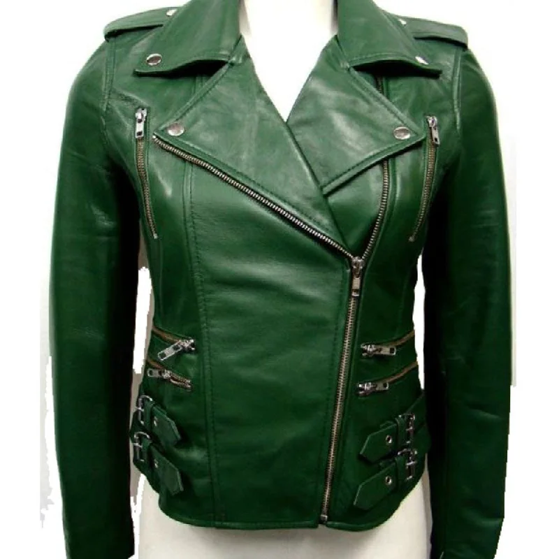 Womens Assymetrical Buckle Green Biker Leather Jacket Front Pockets Side Pockets Patch Pockets