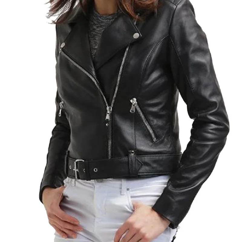 Womens Assymetrical Belted Motorcycle Black Leather Jacket Cardigan Sweater Pullover