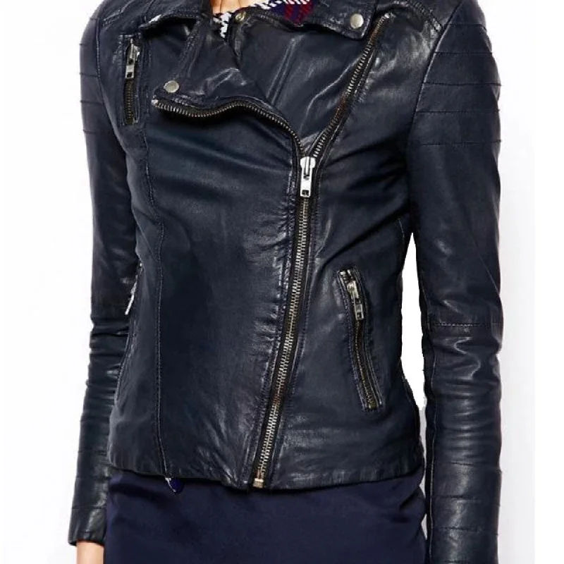 Womens Assymetrical Motorcycle Navy Blue Leather Jacket Toggled Jacket Drawstring Jacket Belted Jacket