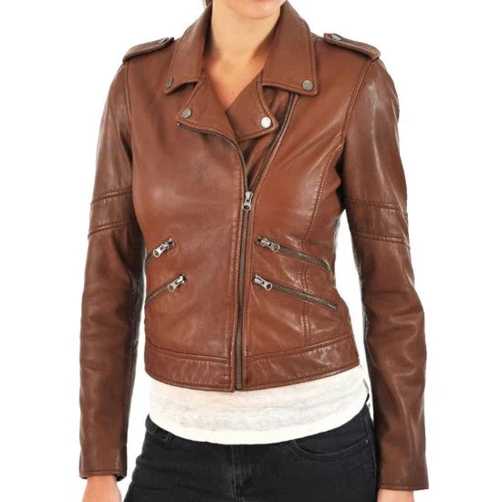 Womens Assymetrical Zipper Brown Biker Leather Jacket Snapped Jacket Toggled Jacket Drawstring Jacket