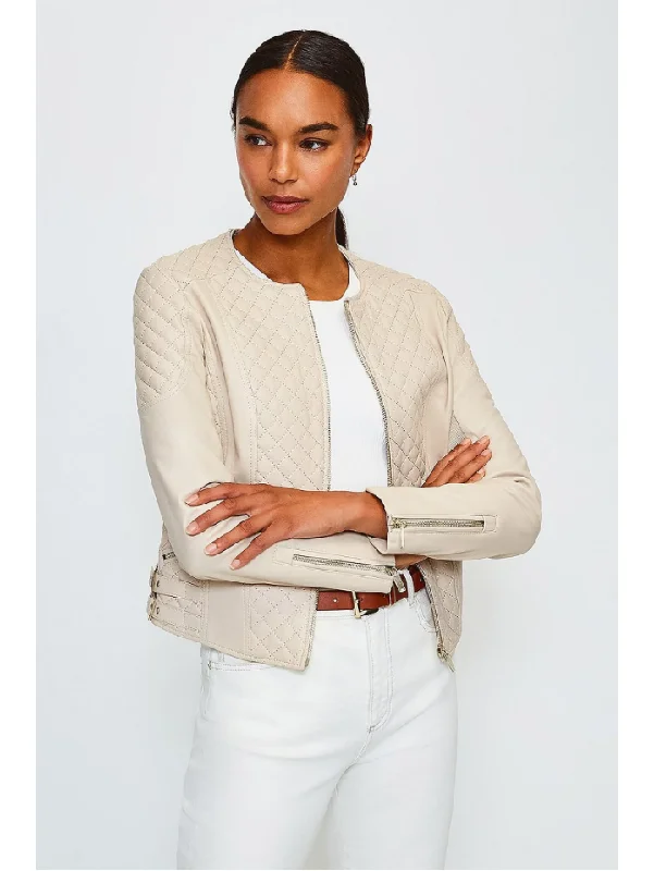 WOMEN’S BEIGE CREAM LEATHER BIKER JACKET One-Shoulder Jacket Off-the-Shoulder Jacket Asymmetrical Jacket