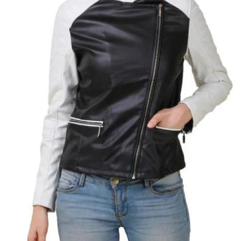 Womens Biker Black Leather Jacket White Sleeves Tailored Jacket Straight Jacket A-Line Jacket