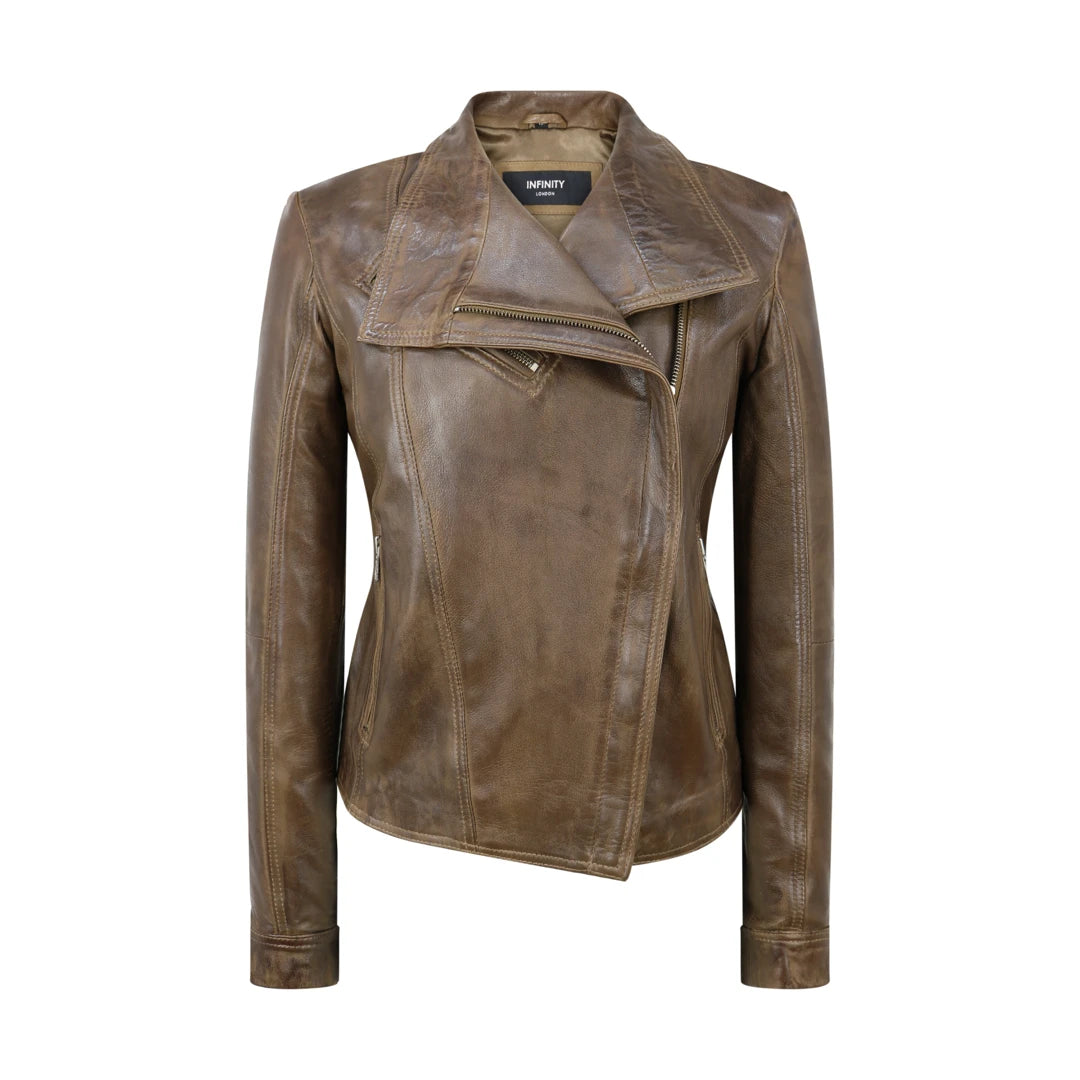 Women's Cross Zip Brown Biker Jacket Washed Soft Wool Jacket Cashmere Jacket Tweed Jacket