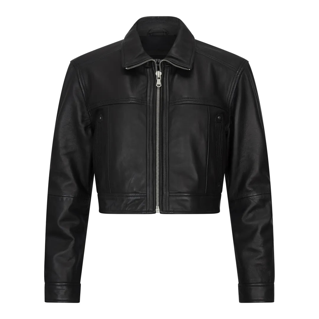 Women's Cropped Biker Leather Jacket Notch Collar Jacket Peter Pan Collar Jacket Cowl Neck Jacket