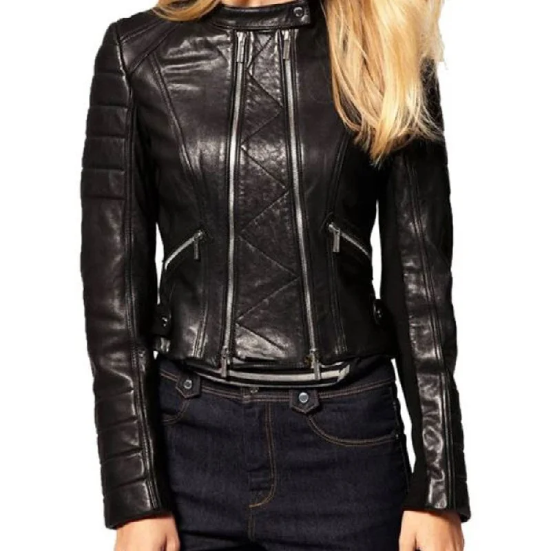 Womens Design Double Zipper Black Leather Biker Jacket Welt Pockets Slit Pockets Flap Pockets