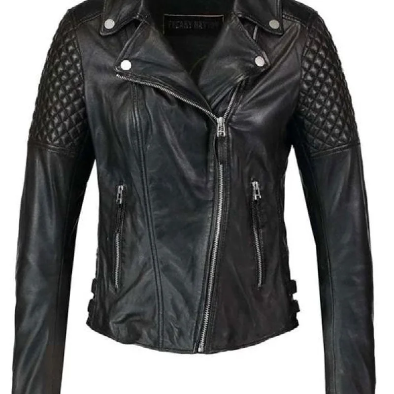 Womens Diamond Quilted Motorbike Black Leather Jacket Striped Jacket Polka Dot Jacket Floral Jacket