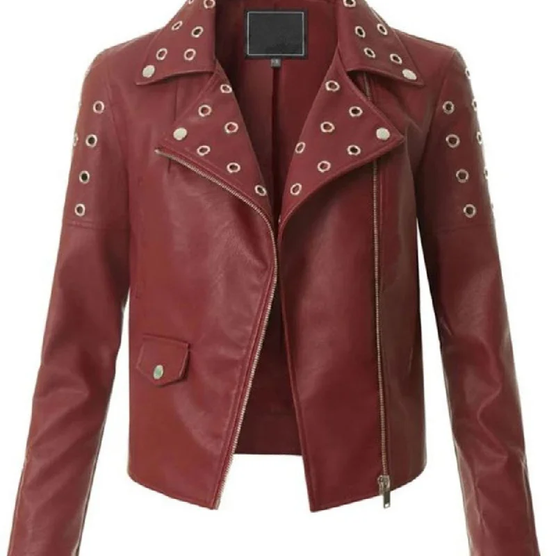 Women's Biker Asymmetrical Designer Maroon Leather Jacket Snapped Jacket Toggled Jacket Drawstring Jacket