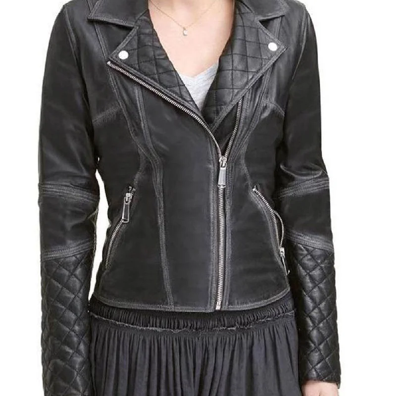 Womens Quilted Black Leather Biker Jacket Toggled Jacket Drawstring Jacket Belted Jacket