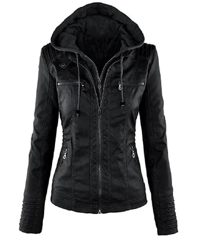 Women's Stylish Hooded Black Leather Biker Jacket Print Jacket Jacquard Jacket Patchwork Jacket